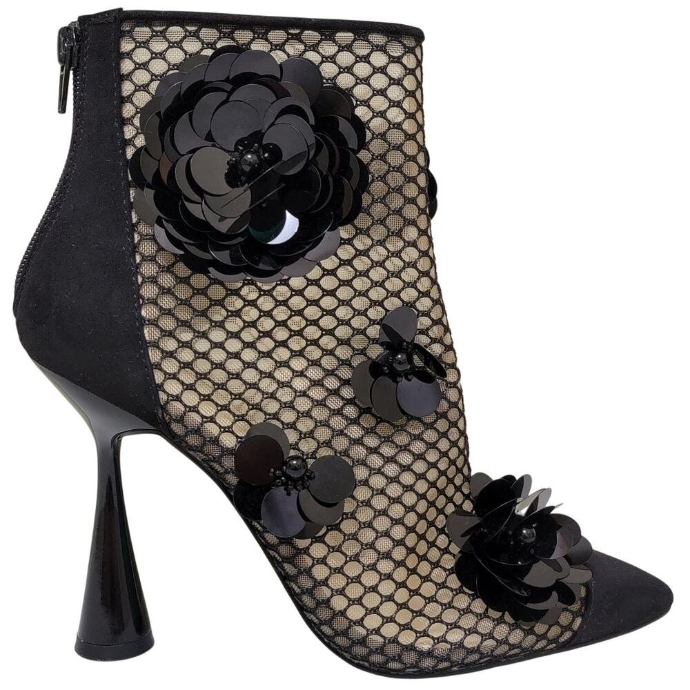Betsey Johnson Women Pointed Toe Mesh Bootie Navey Size US 7M Black Floral - Picture 2 of 5